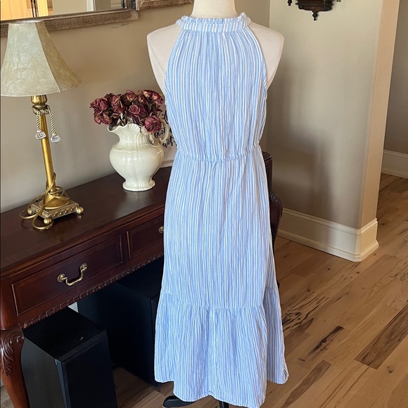 Midi Summer Dress Comfy Cinched Drawstring Waist with Pockets Blue Striped New - Picture 14 of 15